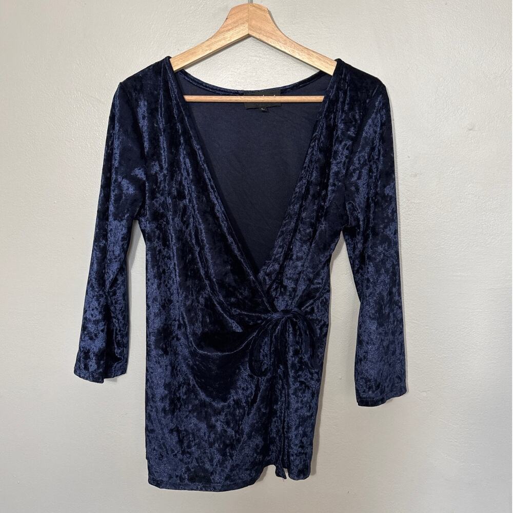 Women's Size L Vintage Y2K Inner Beauty Blue Crushed Velvet Long Sleeve Wrap Top